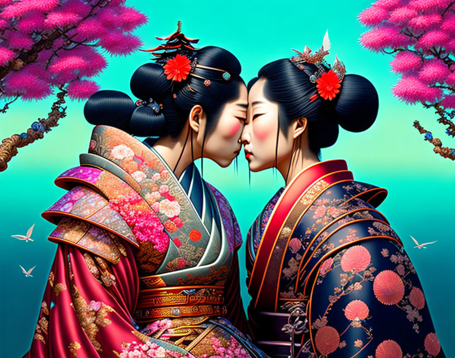 Women in traditional Japanese kimonos kissing under cherry blossom trees