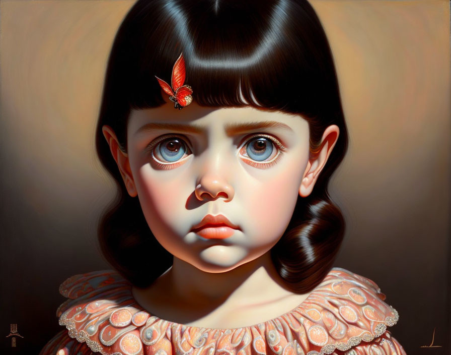 Portrait of Young Girl with Brown Hair and Red Butterfly Clip in Peach Dress