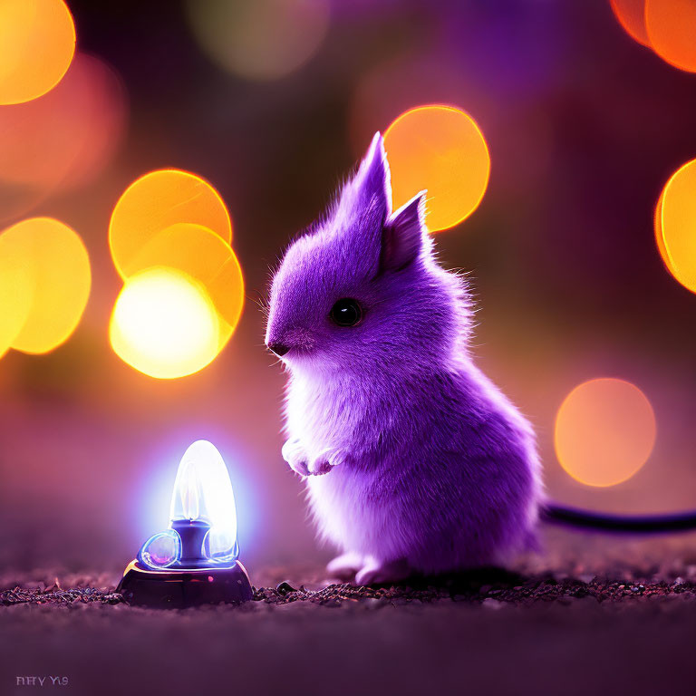 Illustration of small purple creature with lantern in bokeh light.