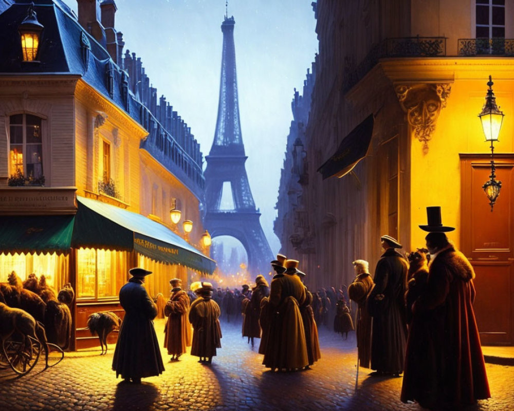 Historic Paris Evening Street Scene with Eiffel Tower & Vintage Clothing