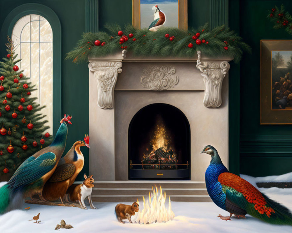 Festive fireplace room with Christmas decorations, peacocks, dog, and birds.