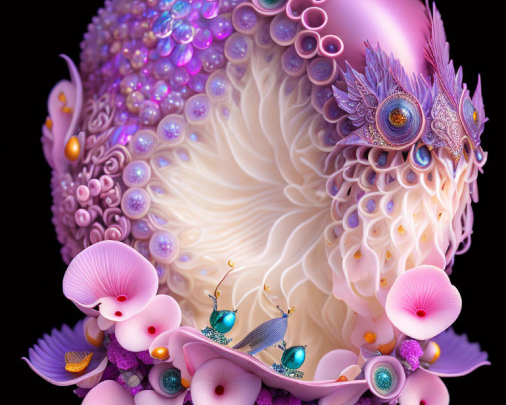 Fantastical 3D illustration: Purple orb with floral patterns, gemstones, and whimsical