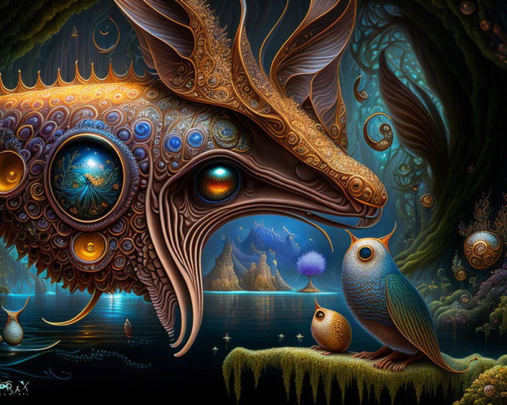Vibrant owl and surreal creature in mystical forest