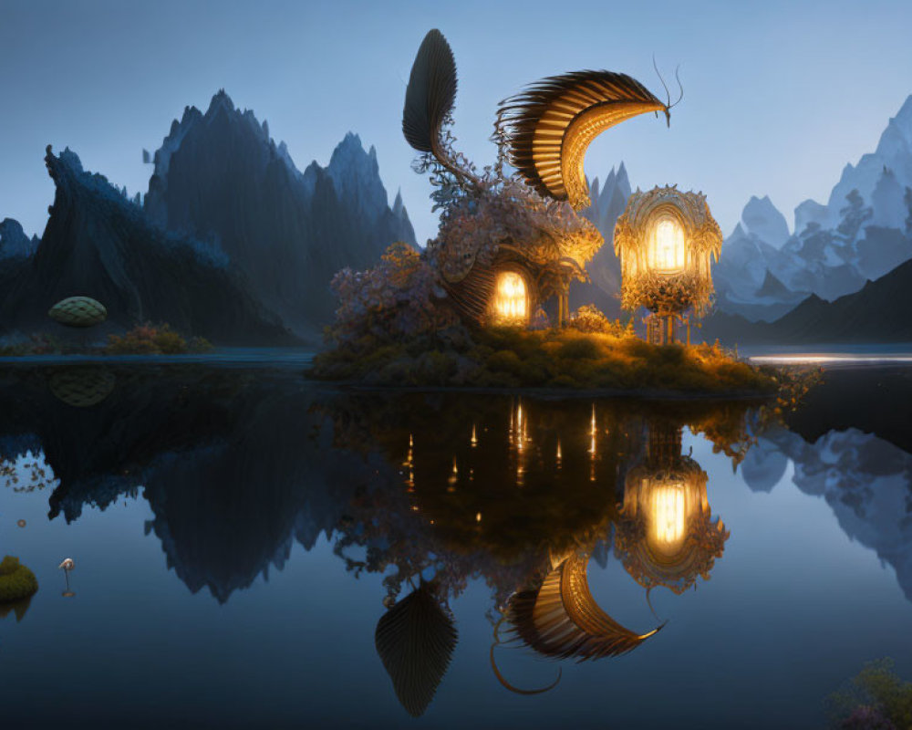 Fantastical illuminated house on island with spiral design in mountainous landscape at dusk