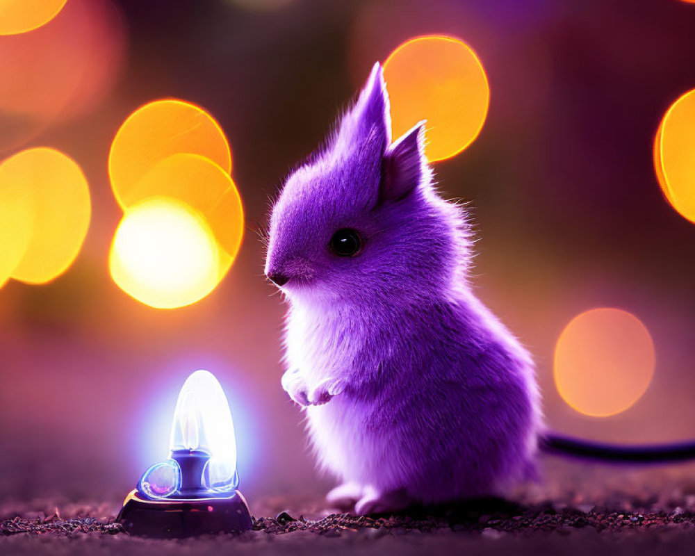Illustration of small purple creature with lantern in bokeh light.