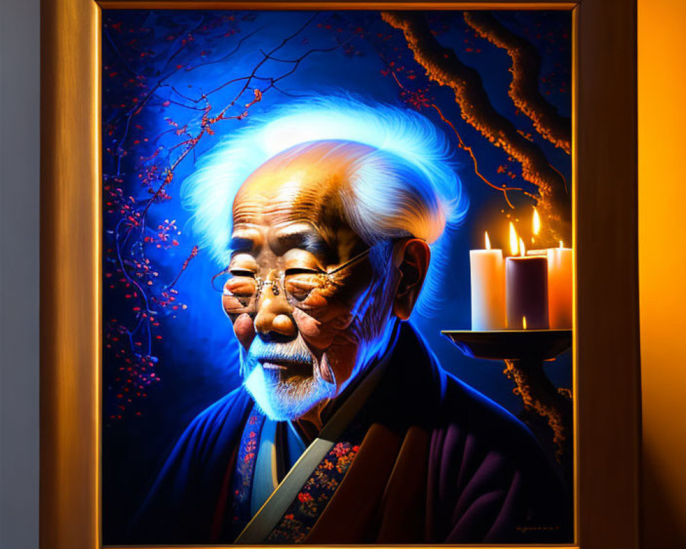 Elderly Asian Man in Traditional Attire Portrait on Candlelit Wall