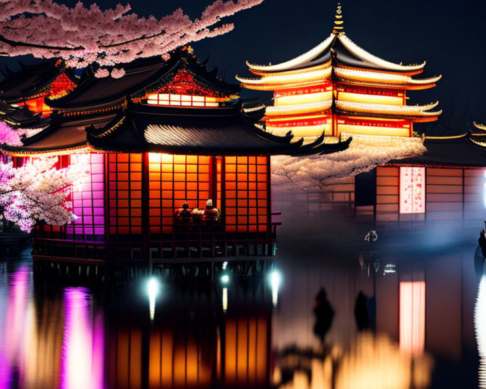 Traditional Japanese buildings illuminated by pond with cherry blossoms at night
