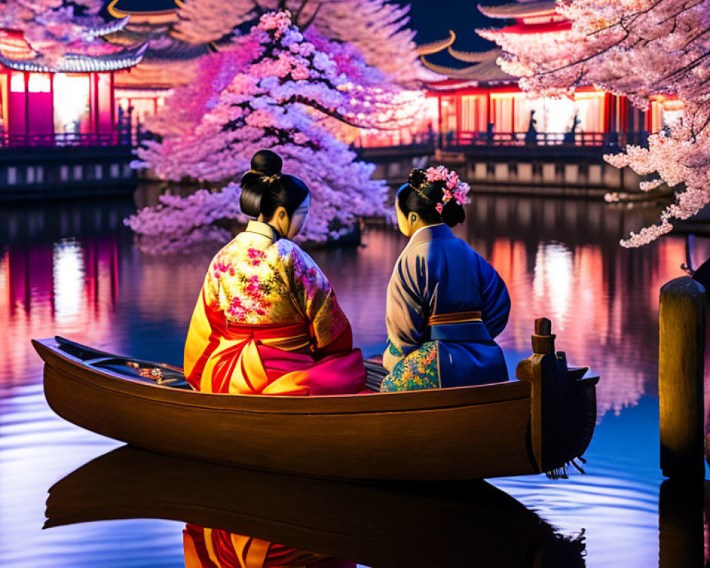 Traditional kimono-clad individuals in boat admire cherry blossoms at night near lit pavilion.