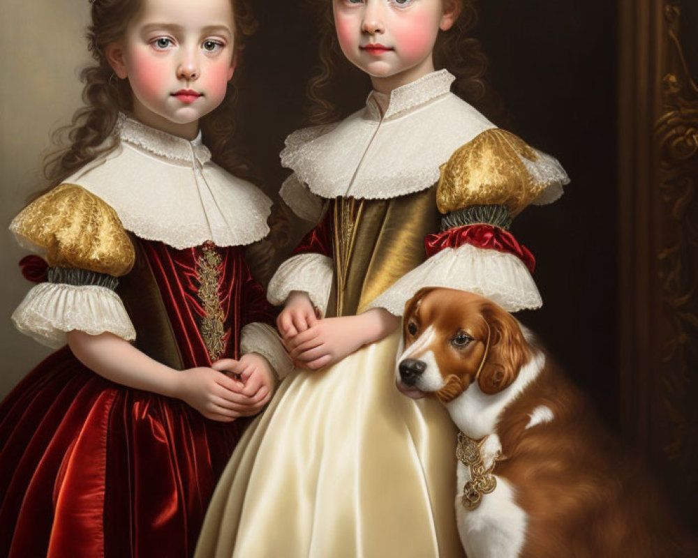 Vintage dresses and dog in classical oil painting style