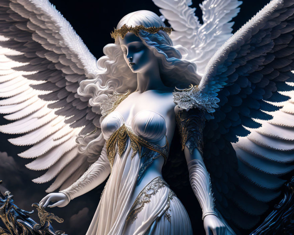 Majestic angelic figure with large wings and ornate headdress.