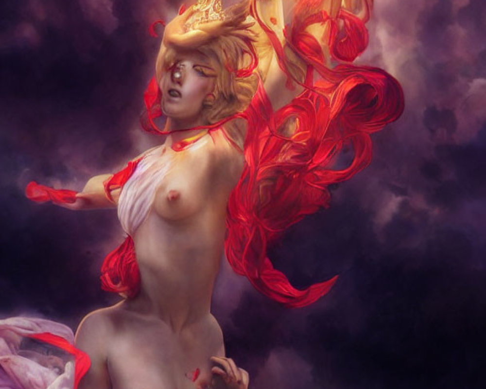 Fantastical painting of woman with fiery red hair, crown, dark clouds, roses, mystical aura