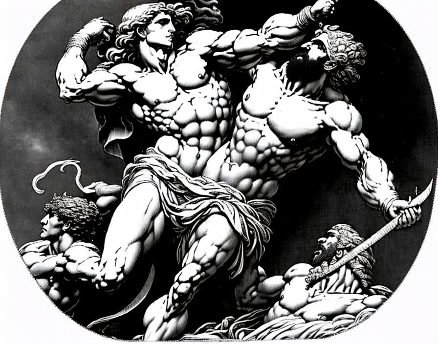 Monochrome illustration of muscular man in dynamic pose battling adversaries