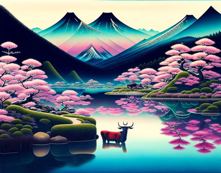 Serene landscape with pink cherry blossoms, mountains, lake, and stag