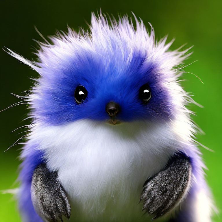 Blue and White Fluffy Creature with Black Eyes on Green Background