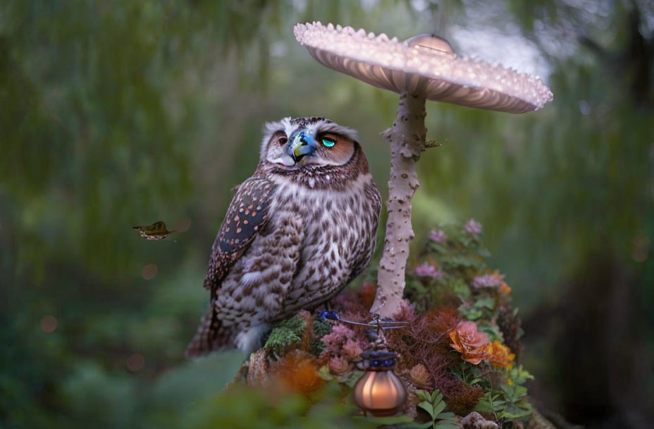 Blue-eyed owl under toadstool in forest setting with lantern and butterfly
