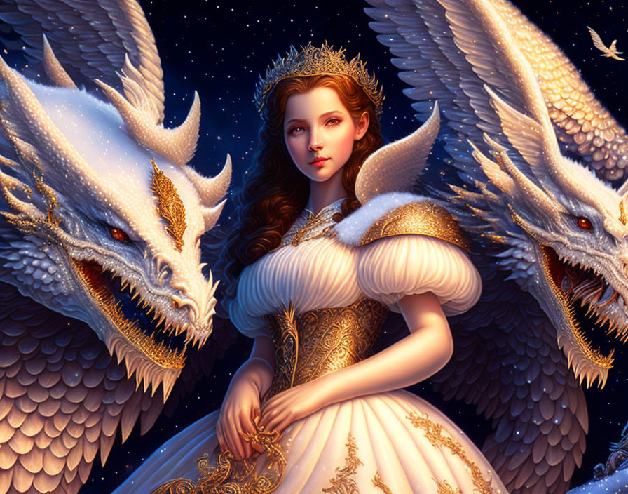 Regal woman in gold-trimmed dress with white dragons under starry sky