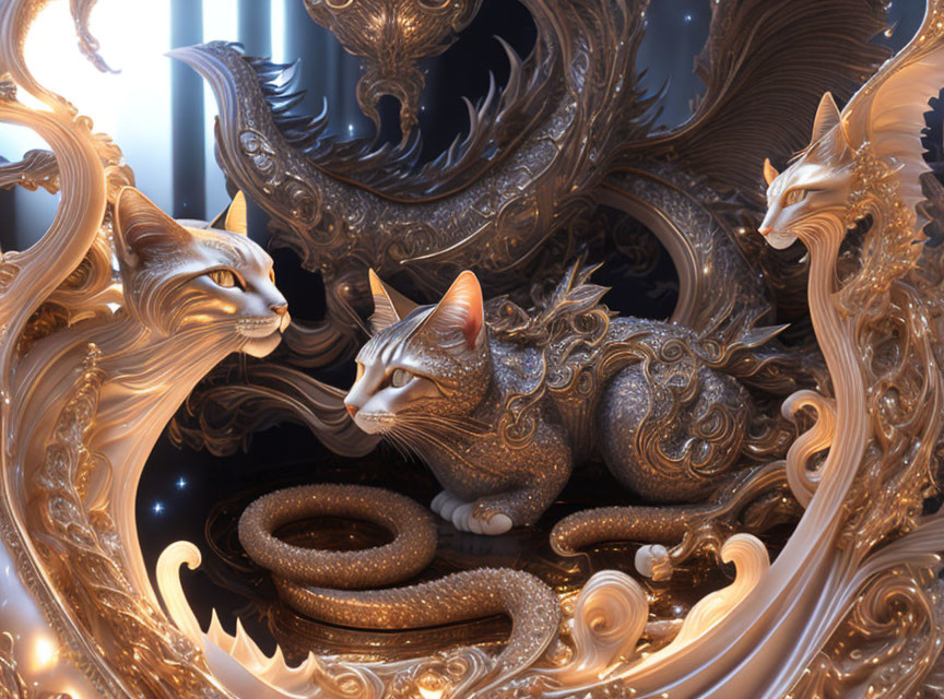 Metallic cat-like creatures in surreal golden environment.