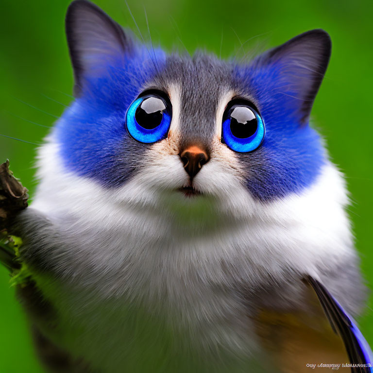 Whimsical digital art: Cat-bird fusion with blue eyes on twig against green.