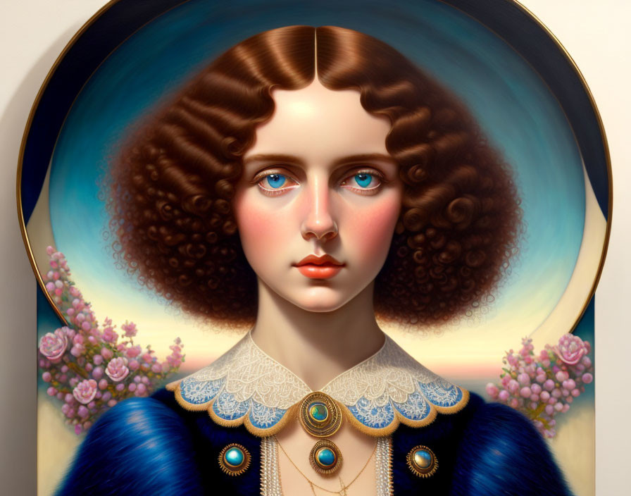 Digital painting of woman with expressive eyes, curly hair, blue garment with gold and jewel details