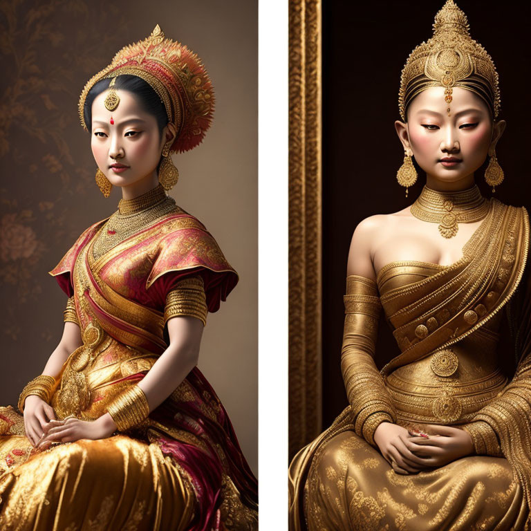 Traditional Indian Attire Portrait Next to Golden Statue Portrait