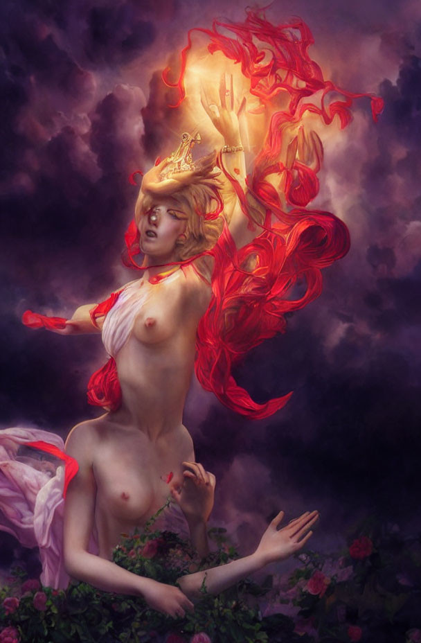 Fantastical painting of woman with fiery red hair, crown, dark clouds, roses, mystical aura