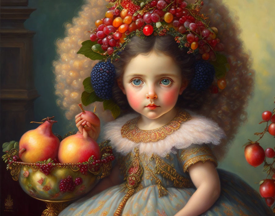 Young girl with fruit headdress and pomegranates in painting