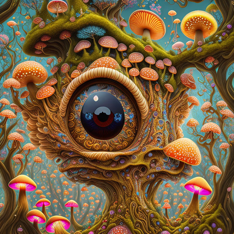 Vibrant surreal forest with central eye, colorful mushrooms, twisted branches