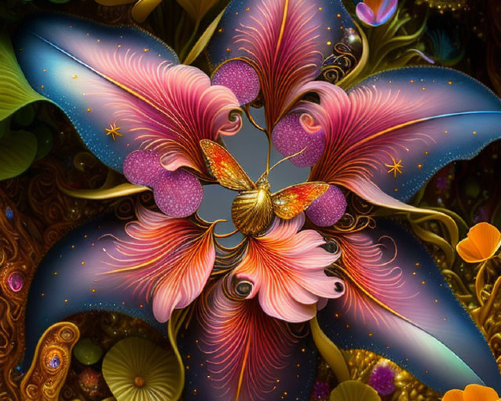 Colorful Butterfly Artwork with Ornate Floral and Celestial Background