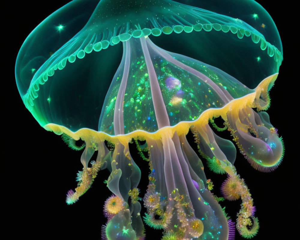 Luminescent Green Jellyfish with Yellow Fringe and Sparkling Patterns