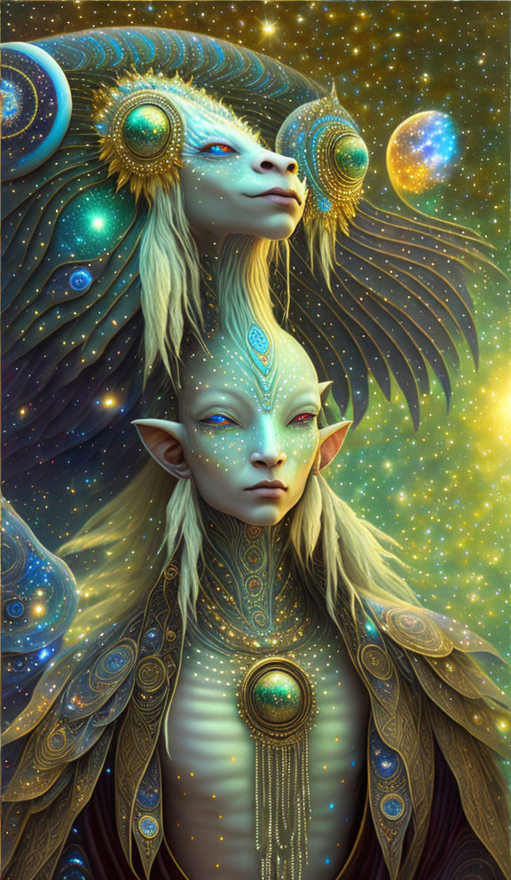 Ethereal alien beings with blue skin and golden adornments in cosmic setting