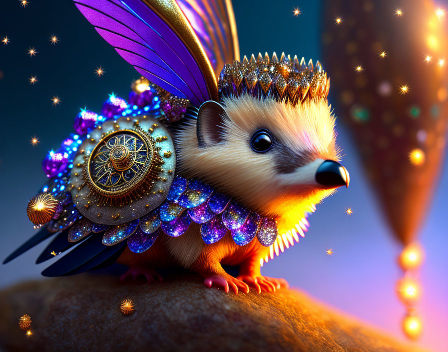 Fantastical jewel-encrusted hedgehog with purple wings and golden accents on twilight background
