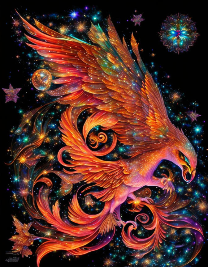 Colorful Phoenix Artwork in Cosmic Setting