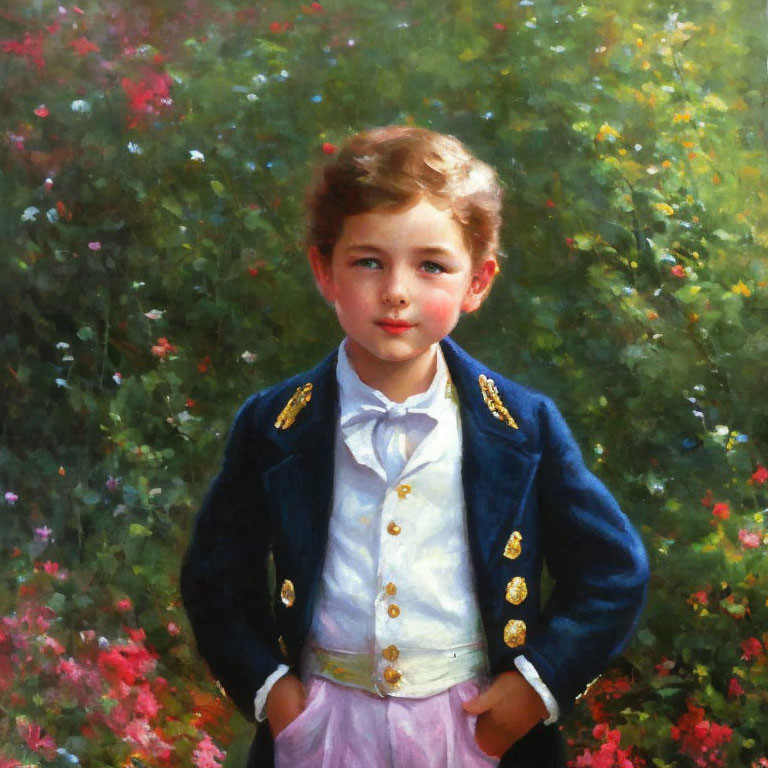 Young Child in Navy Blue Jacket Surrounded by Colorful Florals