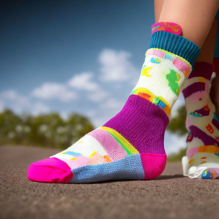 Colorful Mismatched Socks with Unicorn Design on Person Against Blue Sky