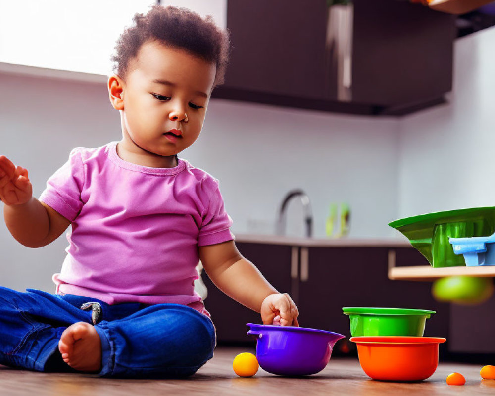 Toddler in Pink Shirt Playing with Bowls and Plastic Fruits