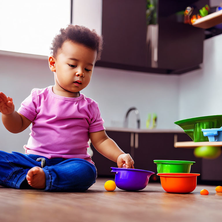 Toddler in Pink Shirt Playing with Bowls and Plastic Fruits
