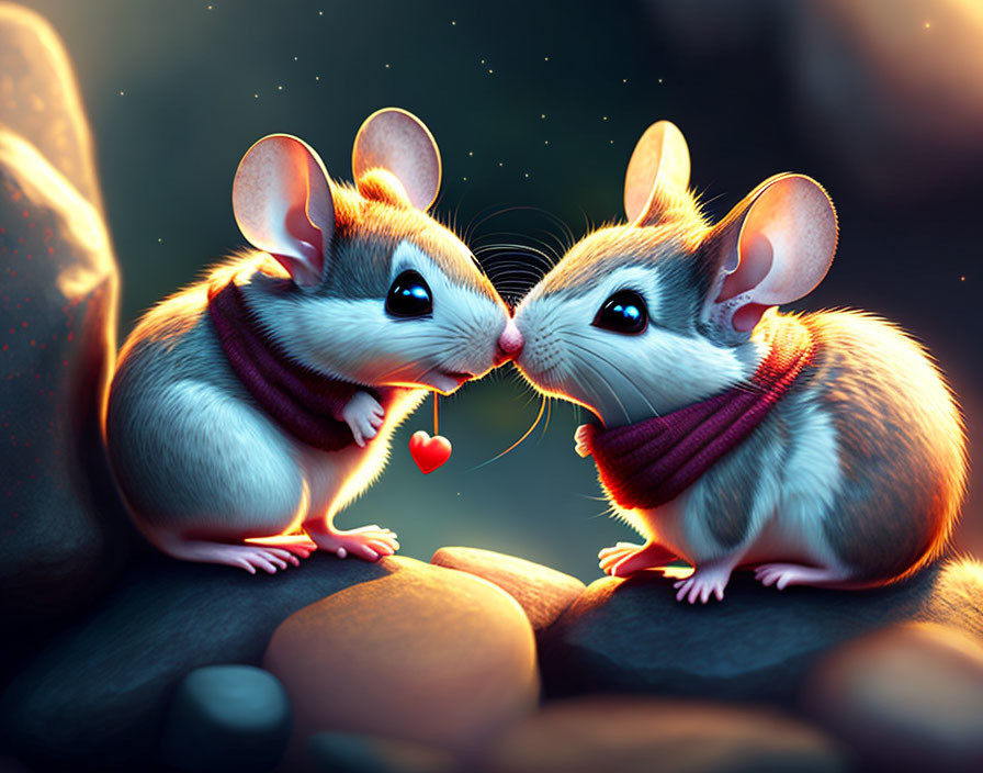 Animated mice sharing heart-shaped berry in warm light