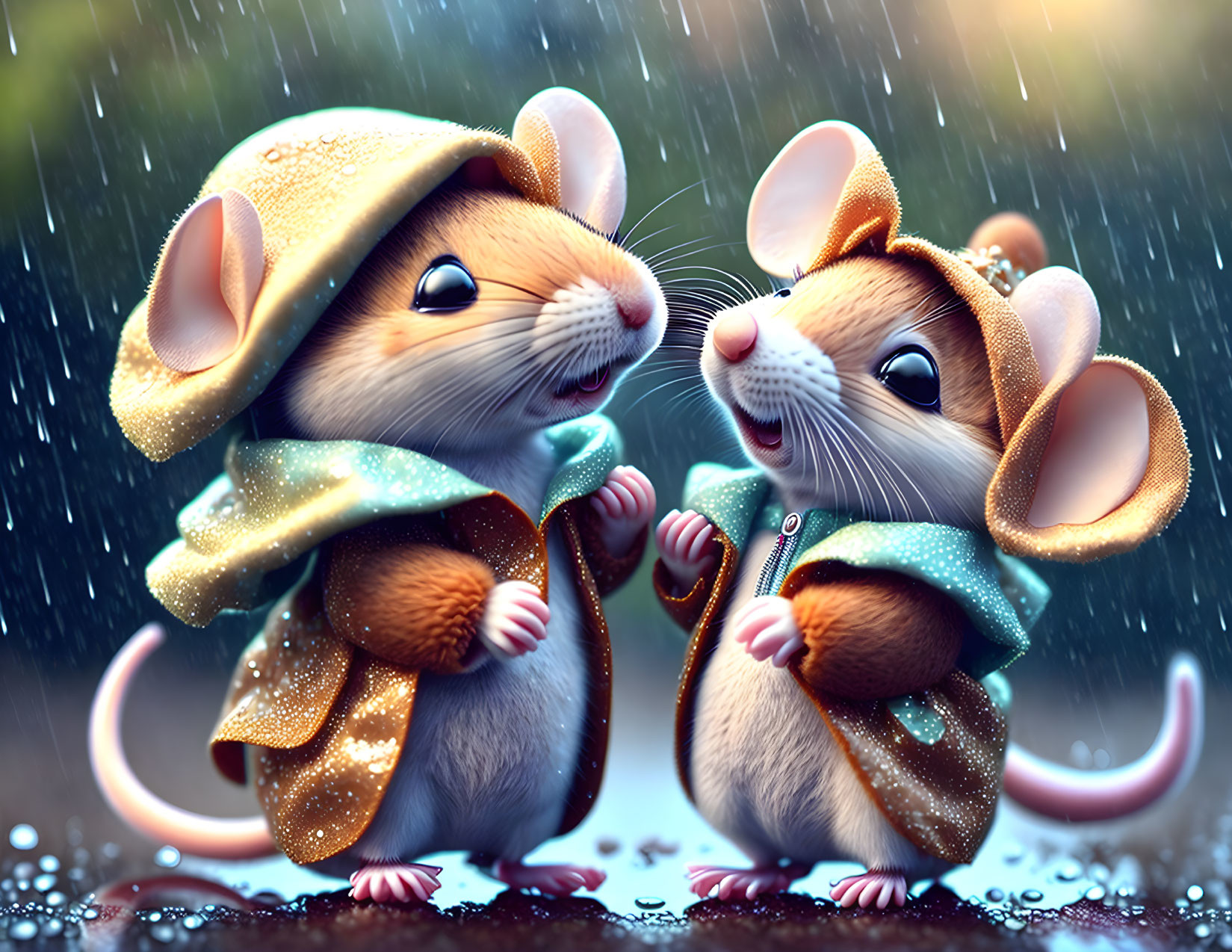 Two mice in raincoats holding hands in the rain