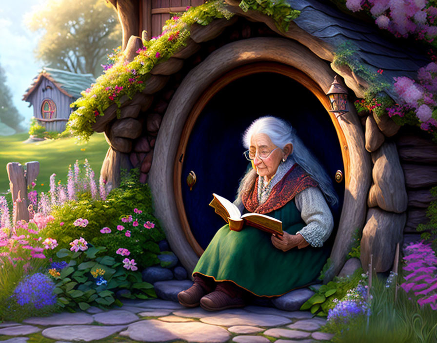 Elderly woman reading book near cozy hobbit-style home with vibrant flowers.