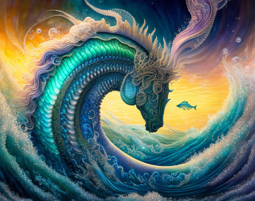 Colorful Ocean Scene: Mythical Sea Dragon and Small Fish Illustration