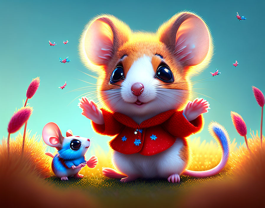Adorable large-eyed mouse in red sweater in vibrant field.