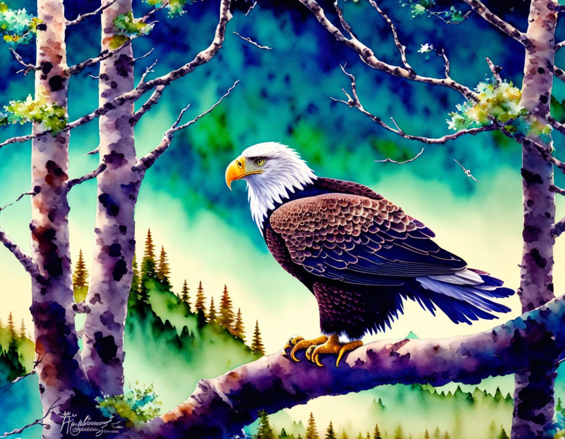 Bald eagle perched on birch branch in forest setting