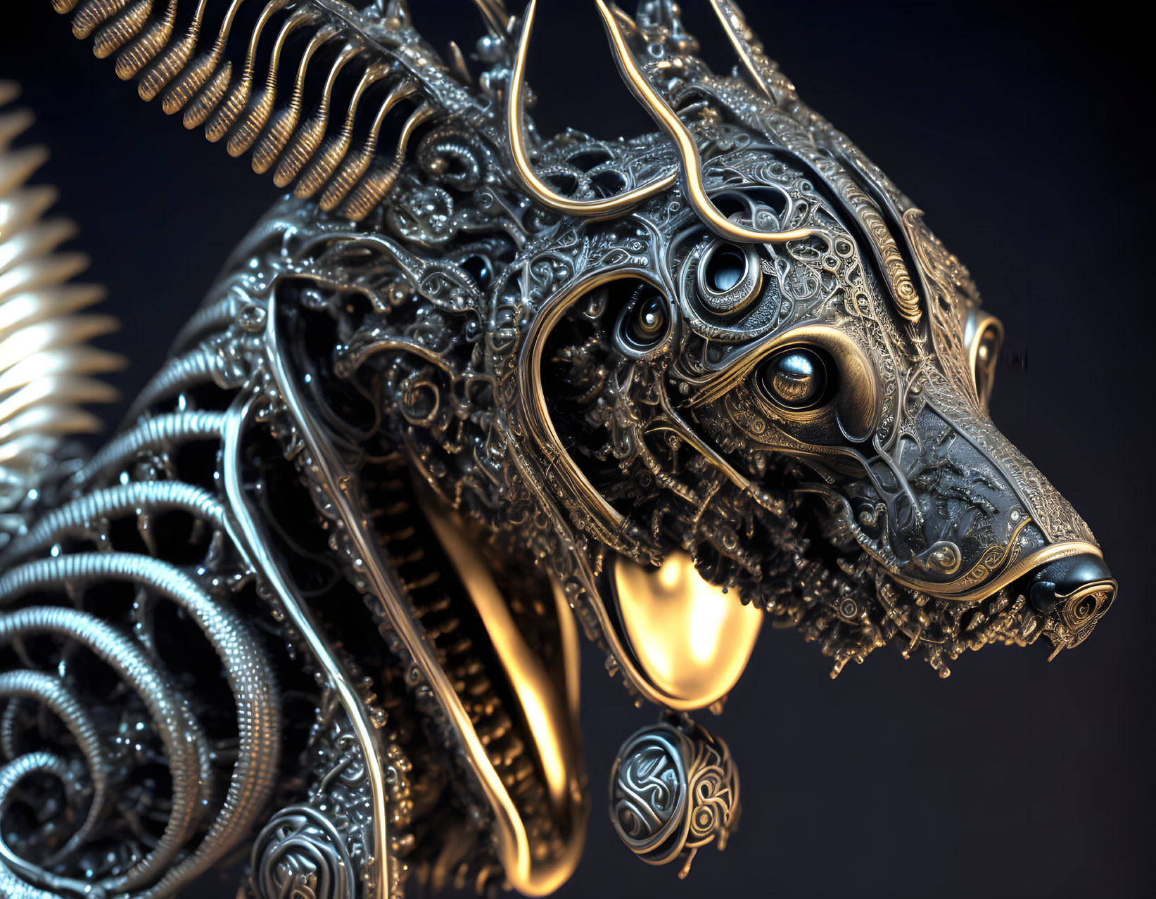 Metallic Wolf Head with Ornate Patterns and Mechanical Components on Dark Background