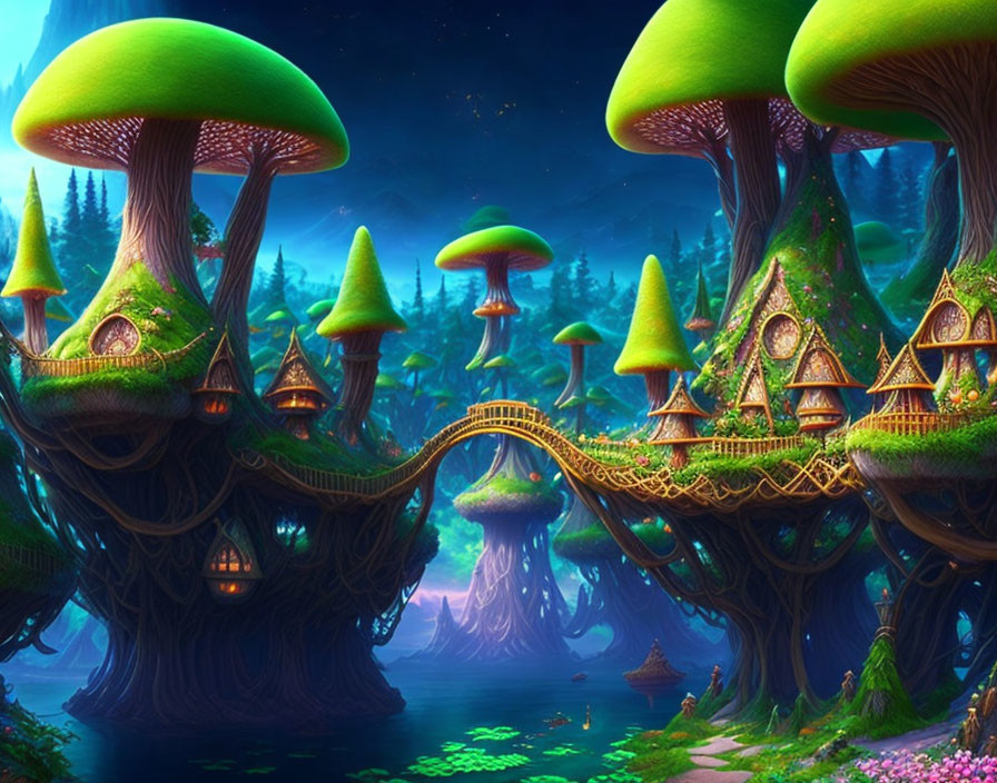 Fantasy Landscape with Oversized Mushroom Houses and Wooden Bridge