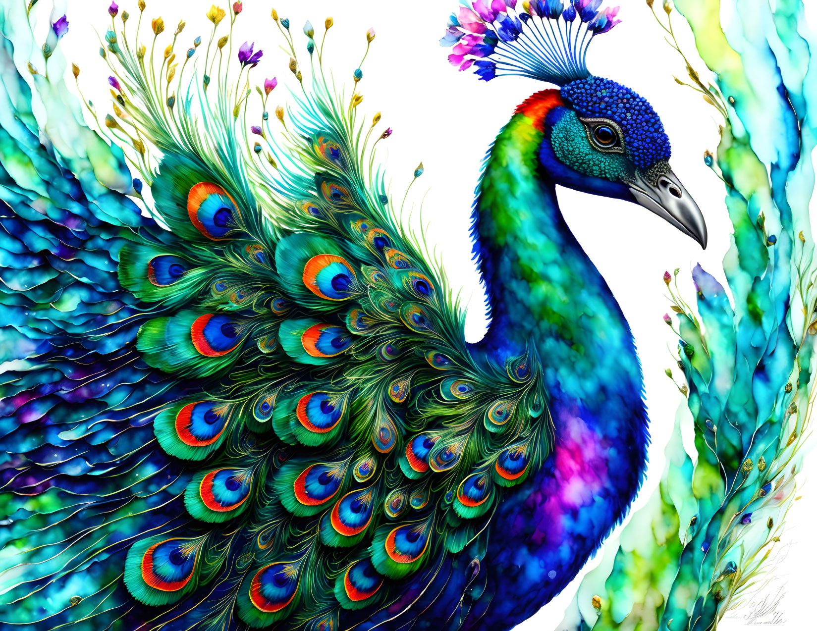 Colorful Peacock Illustration with Eye Patterned Feathers and Stylized Flora