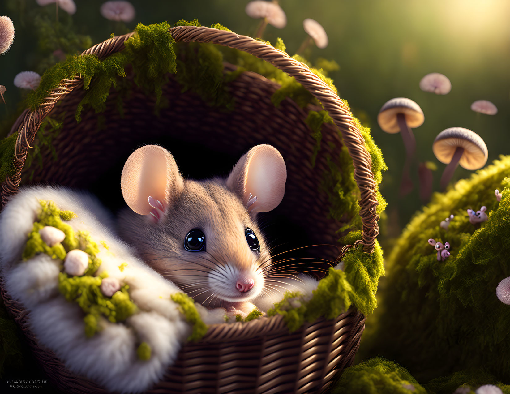 Adorable mouse in moss-covered basket with mushrooms and soft light