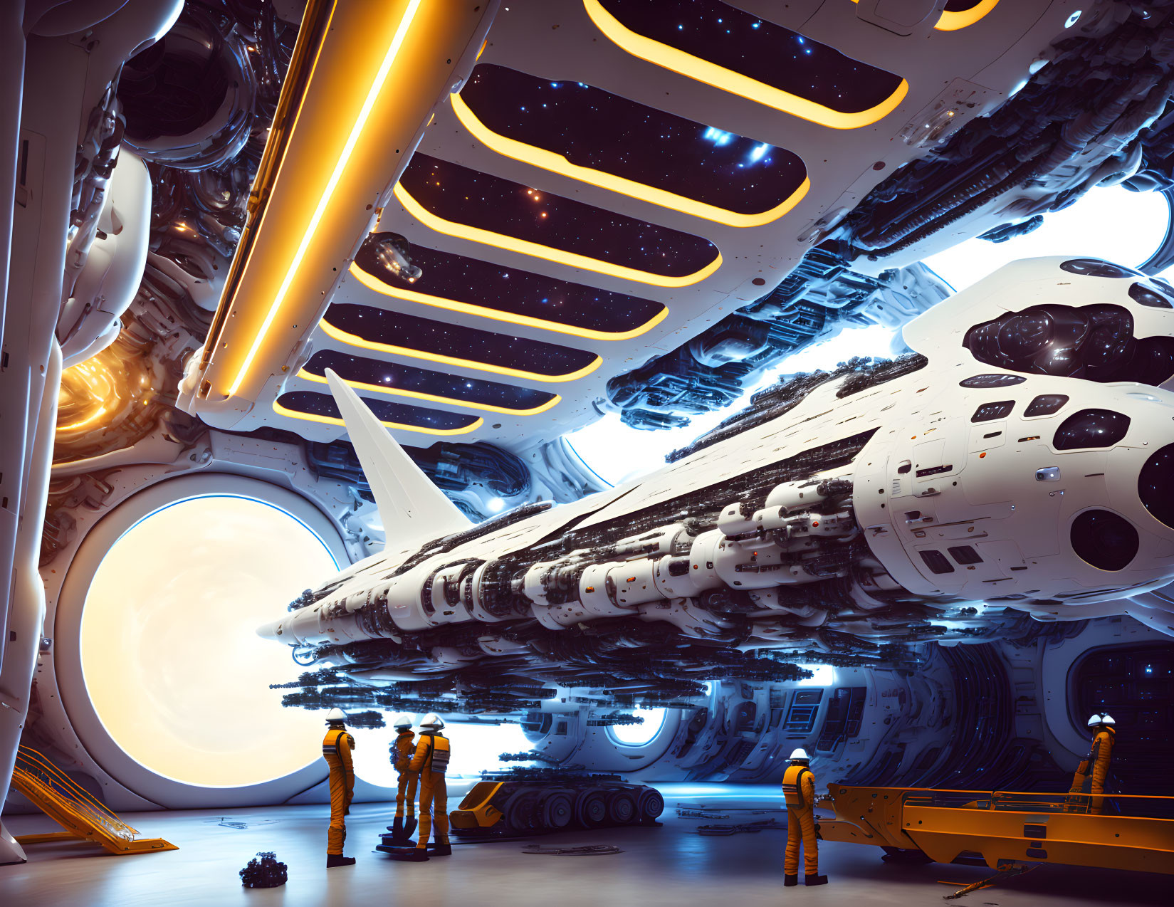 Futuristic spaceship in high-tech hangar with figures in yellow suits