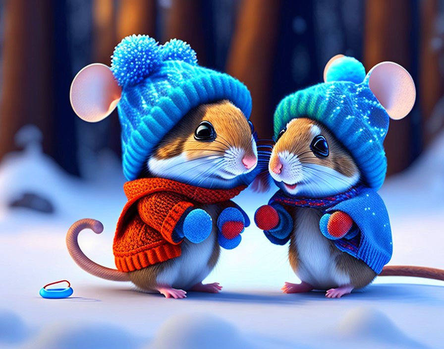 Two animated mice in winter attire with knit hats and scarves standing in a snowy forest setting, one
