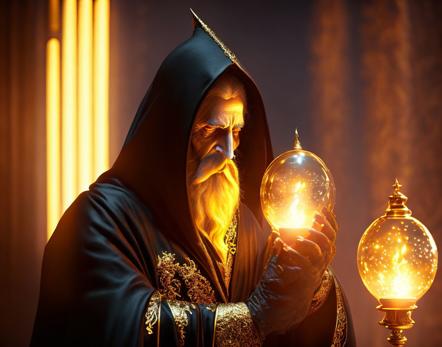 Bearded figure in black cloak gazes at glowing crystal ball