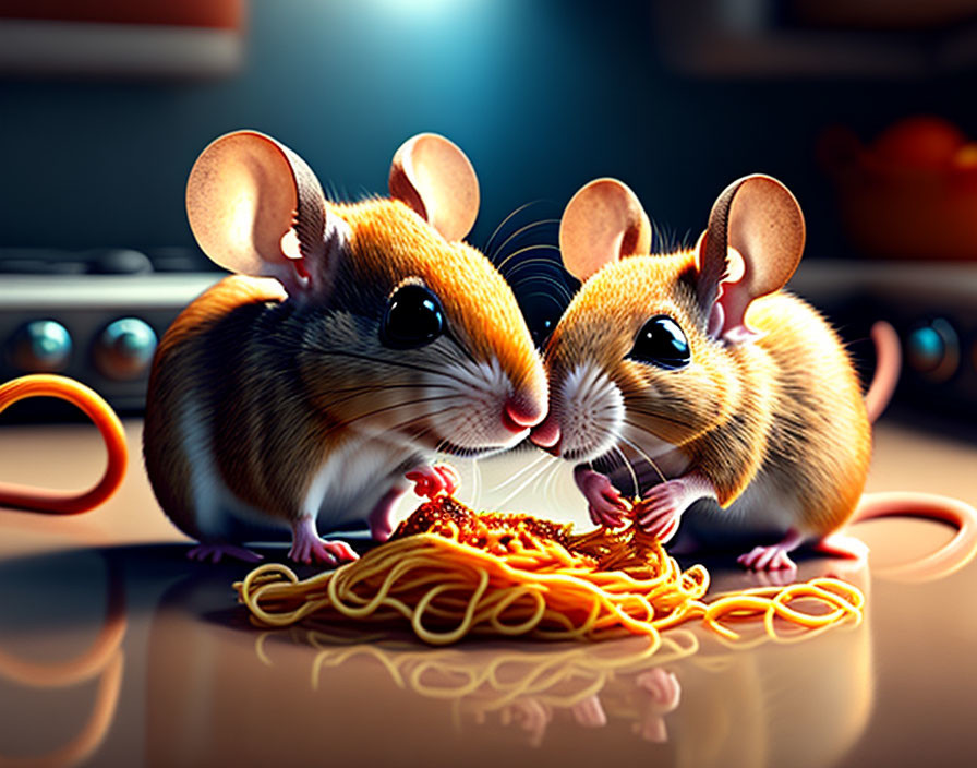 Animated mice sharing spaghetti in warm-lit kitchen setting
